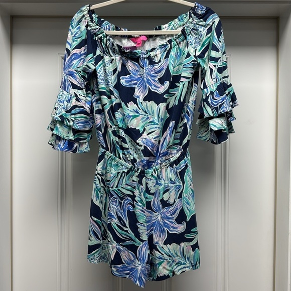 Lilly Pulitzer Blue Teal Calla Off The Shoulder Romper - Picture 6 of 14